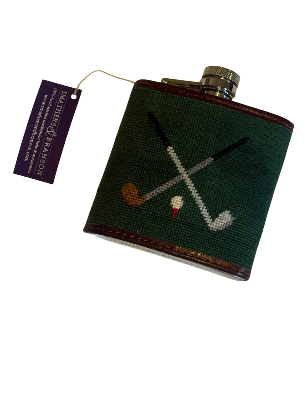Smathers &Branson Needlepoint Flask 6oz Stainless Steel Golf Clubs Green Leather
